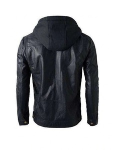 <b>Mens</b> Hooded Black <b>Biker</b> Leather <b>Jacket</b> - Product Image 2