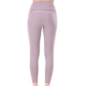 <b>Women's</b> Light Lavender High Waist Full Length <b>Leggings</b> Stretch Fitted Yoga Pants with <b>White</b> Curved Seam Detail for Workout - Product Image 6