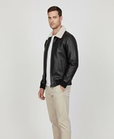 Blouson aviateur en cuir véritable noir pour homme, col en fausse fourrure, respirant, fermeture éclair, logo sur le devant, style moto, coupe classique, automne