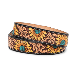 Fashionable Western Style Sunflower Hand Tooled Grain Leather <b>Belt</b> for Men & Women High Quality Brown Black <b>Cowboy</b> <b>Belt</b> with Tur - Product Image 2