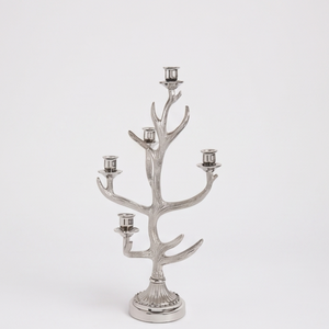 Support de bougie en métal argenté à 5 bras, design unique en forme de bois de cerf, fait main, sans plomb, durable, moulage texturé, décoration de table, Noël, vente en gros - Product Image 3