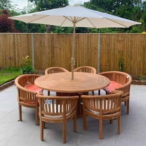 Round <b>Wooden</b> Outdoor <b>Dining</b> <b>Table</b> Set With 6 Chairs And Umbrella Hole <b>Rustic</b> Modern Design For Courtyard Use - Product Image 1