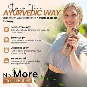 Bouteille d'eau en cuivre pur à 100 %, 600 ml (20 oz), gobelet anti-fuite, eau alcaline ayurvédique naturelle, bouteille en cuivre martelé - Product Image 6