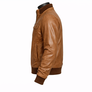 Chaqueta Bomber de Cuero Genuino para Hombre, Cuello Alto, Cierre de Cremallera, Color Sólido, Corte Regular, Estilo Motero, para Otoño - Product Image 3