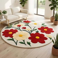 Alfombra Redonda Floral, Alfombra de Lana con Diseño de Flores Rojas y Blancas, Alfombra Circular Botánica para Decoración de Sala de Estar, Dormitorio, Estilo Rústico