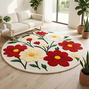 Alfombra Redonda Floral, Alfombra de Lana con Diseño de Flores Rojas y Blancas, Alfombra Circular Botánica para Decoración de Sala de Estar, Dormitorio, Estilo Rústico - Product Image 1