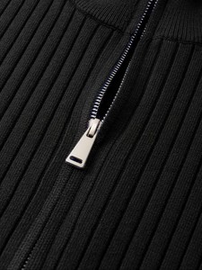 Men's Black Mandarin Collar Zipper <b>Cardigan</b> <b>Sweater</b> Full Sleeve Solid Color Anti-Pilling Cotton Autumn Wear - Product Image 4