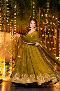 Robe Anarkali verte brodée avec dupatta, travail de sequins lourds, tenue ethnique pour femme pour mariage, fête, festival - Product Image 4