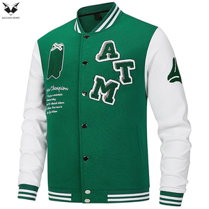 Green <b>White</b> Contrast Color Vintage Baseball Button Long Sleeve With Letter Casual Coats For <b>Men</b> College Baseball Varsity <b>Jackets</b> - Product Image 2