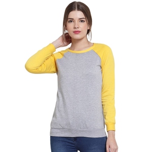 Sudadera de Mujer con Mangas Raglán Grises y Amarillas, Cuello Redondo, Informal, de Punto, Mezcla de Algodón, Manga Larga, Color Sólido, para Otoño - Product Image 1