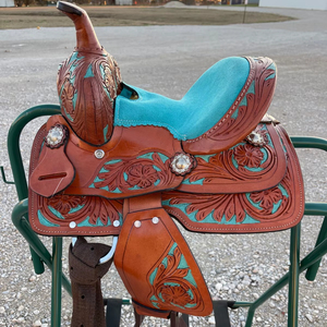 Nueva Silla de Montar Western Hecha a Mano de Cuero Genuino Tipo Barril con Cincha Ancha y Duradera para Equitación - Product Image 1