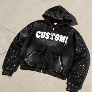 Sweat-shirt à capuche personnalisé style punk pour homme, surdimensionné, avec lettres en strass, fermeture éclair sur le devant, noir, en polyester tricoté, pour l'automne - Product Image 2