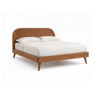 Solid Teak Wood Platform Bed Modern Wooden Bed Frame with Curved Slatted <b>Headboard</b> for King <b>Queen</b> Bedroom - Product Image 1