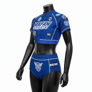 ชุดบิกินี่พรีเมียม 190 GSM ผ้าโพลีเอสเตอร์ผสมสแปนเด็กซ์ สีน้ำเงินรอยัล ผ้าเนื้อยืด ซิปด้านหน้า พร้อมแผ่นโลโก้พิมพ์ลาย สำหรับผู้หญิง - Product Image 4