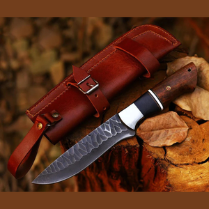 Couteau Bowie à lame fixe en acier inoxydable, finition martelée personnalisée, pointe clip, manche en bois et corne, lame pleine longueur, Pasha Enterprises - Product Image 3