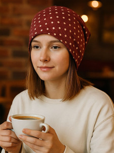 Custom Dotted Style <b>Beanie</b> Red Color Dot Pattern 100% Cotton Hand Knitted Male Casual Hat 56-58CM Adult Size - Product Image 6