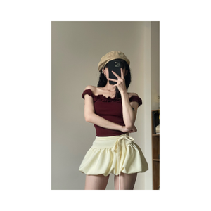 T-shirt en jersey de coton écologique pour femme, coupe ajustée, best-seller, plusieurs tailles, haut à épaules dénudées taille haute, buste froncé, service ODM - Product Image 1