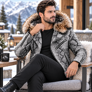 Men's Fashion Python <b>Leather</b> <b>Jacket</b> <b>Real</b> Fox Fur Hood Motorcycle <b>Biker</b> Outerwear | Herren Lederjacke <b>Biker</b> | Chaqueta Hombre - Product Image 6