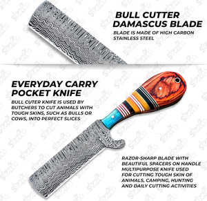 Cuchillo de caza y camping de hoja fija de acero de Damasco hecho a mano, estilo vaquero personalizado, con funda de cuero. - Product Image 5