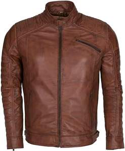 Blouson moto homme marron en PU écologique teint en pièce, col montant, fermeture éclair, coupe droite, pour l'hiver, couleur unie, style motard - Product Image 6