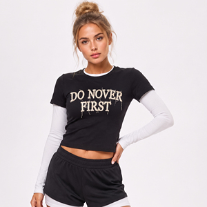 Women's Double Layer Long Sleeve <b>Crop</b> <b>Top</b> Crew Neck Double Layered Sleeve Ladies Slim Fit Double Layer Cotton T Shirt Cropped - Product Image 1