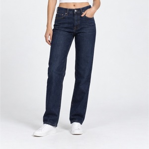 Jeans de mezclilla de cintura alta y pierna recta para mujer, índigo oscuro, con túnel frontal ancho para cinturón, al por mayor - Product Image 1