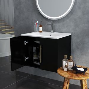 Mobile bagno sospeso da 24 pollici con doppio lavabo in ceramica, ante con cerniere a chiusura ammortizzata, montaggio facilitato, finitura oro metallico - Product Image 6