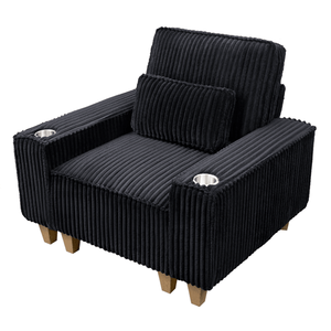 Fauteuil confortable à assise profonde en velours côtelé avec porte-gobelet en acier inoxydable brossé, fauteuil d'appoint pour salon avec coussin décoratif - Product Image 1
