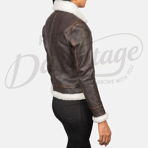 Women Dark <b>Brown</b> Distressed Real <b>Leather</b> <b>Jacket</b> White Faux Fur Trim Slim Fit Premium Sheepskin Winter Biker Outerwear Coat - Product Image 2
