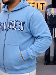 Men's Light Blue Zip-Up <b>Hoodie</b> Embroidered <b>Gothic</b> Logo Oversized Fit Streetwear Hooded Regular Sleeve French Terry Fabric - Product Image 3