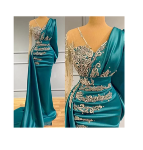 Elegante sirena silueta de lujo ropa Formal vestido de noche manga larga cuello alto cintura Natural hasta el suelo con cuentas Plus - Product Image 1