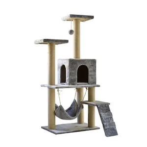 Gri bej renk büyük ahşap çok seviyeli kedi mobilya tırmalama sisal sonrası kedi ağacı kulesi