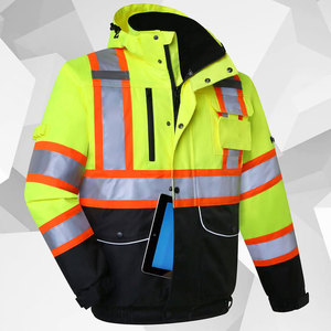 Chaqueta de Seguridad Reflectante de Alta Visibilidad con Capucha, Amarilla y Negra, Ropa de Trabajo Impermeable y Resistente al Viento con Bolsillos - Product Image 4