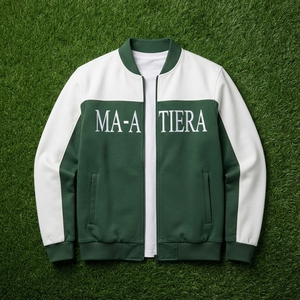 เสื้อแจ็คเก็ตบอมเบอร์บล็อกสีเขียวขาวสำหรับผู้ชาย ไซส์ใหญ่ โลโก้ที่อก สไตล์ลำลอง สตรีทแวร์ ซิปแบบรูดขึ้น รับผลิตตามแบบ OEM ODM ขายส่ง - Product Image 5