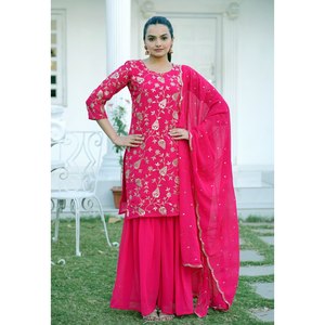 Traje de fiesta de diseñador para mujer, conjunto de traje Sharara, secuencia bordada, trabajo - Product Image 1