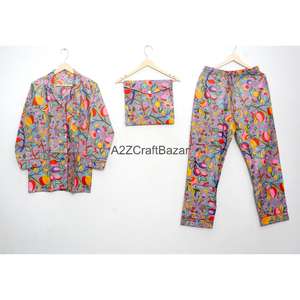 Ensemble de pyjama pour demoiselle d'honneur en coton 100% doux, respirant, à séchage rapide, imprimé floral, manches courtes, taille élastique, longueur intégrale, style indien - Product Image 4