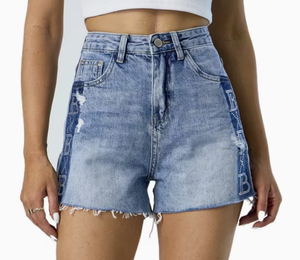 Custom Side Rhinestone Short Pants Raw Hem Frayed Denim Shorts Women - Product Image 4