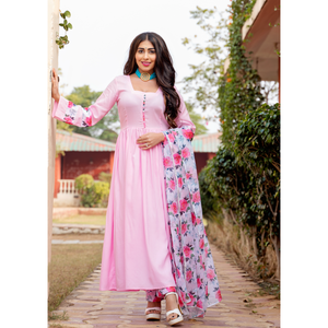 Conjunto de Traje de Chifón Rosa Transpirable para Mujer, Estilo Indio-Pakistaní, con Mangas de Organza y Dupatta Sólida Elegante, Ideal para el Verano - ¡Venta Caliente! - Product Image 3