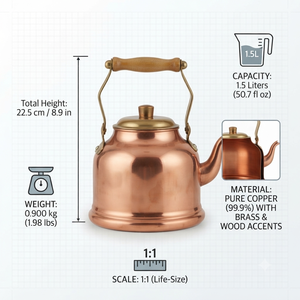Bouilloire à thé en cuivre pur au design classique et épuré, compatible avec les plaques de cuisson, avec poignée ergonomique en bois, vente en gros pour articles de cuisine - Product Image 5