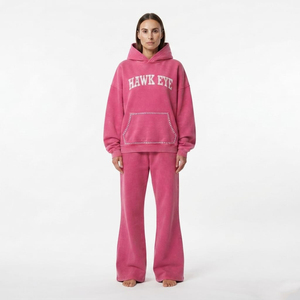 Ensemble de survêtement d'hiver deux pièces pour femme, personnalisé, en molleton de coton épais, délavé à l'acide, avec sweat à capuche orné de strass et pantalon large, vente en gros - Product Image 5