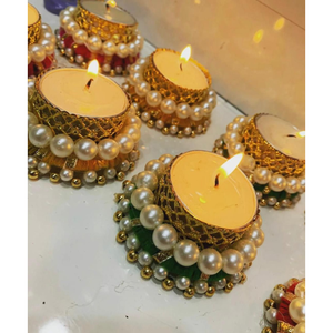Luxury Pearl Beaded <b>Tealight</b> <b>Holder</b> - Decorative Golden Metal Diya for Wedding Return Gifts, Diwali Decor & Festive Tableware - Product Image 6