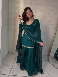 Ensemble Salwar Kameez en soie turquoise avec broderie miroir et dupatta, tenue traditionnelle indienne et pakistanaise pour femmes, idéal pour mariage, remise de diplôme, soirée, taille XL - Product Image 4