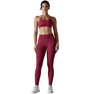 2 Piece Yoga Set Burgundy Racerback Crop Top High Waist Full Length <b>Leggings</b> Seamless Spandex Polyester Sport Wear - Product Image 1