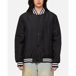 <b>Women</b> Varsity <b>Jacket</b> <b>Black</b> Solid Color Contrast Trim Full Sleeve Button Up Collar Polyester Material Autumn Wear - Product Image 1