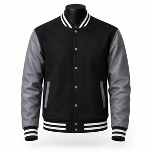 Chaqueta Universitaria Negra Personalizada, Cuerpo de Lana, Mangas de Cuero Gris, Chaqueta Letterman, Fabricante de Marca Privada OEM - Product Image 1