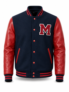 Unisex Navy Red Wool/Polyester Sleeve Varsity <b>Jacket</b> Embroidered M Letter Front Turn-down Collar Streetwear Style <b>Patchwork</b> - Product Image 1