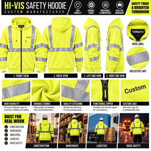 TwillSports <b>Hi</b> <b>Vis</b> Reflective Hoodie Full Zip Men's Workwear Sweatshirt <b>Yellow</b> Safety <b>Jacket</b> Custom Printed - Product Image 6