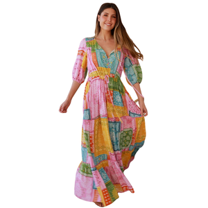 Vestido Maxi Floral con Corte en A para Mujer, Vestido de Manga Corta con Lazo Delantero - Product Image 2