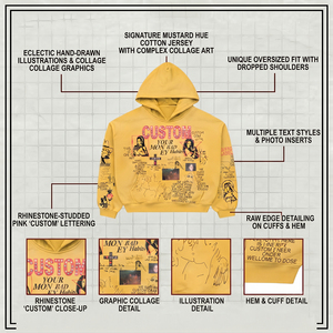 เสื้อฮู้ดดี้โอเวอร์ไซส์แบบสั่งทำพิเศษสำหรับผู้ชาย 450gsm ประดับด้วยคริสตัล ลุคซันเฟดด์ ล้างสีแบบมัดวอช ทรงบ็อกซี่ฟิต สไตล์ดิสเทรส สตรีทแวร์ สีเหลือง - Product Image 4