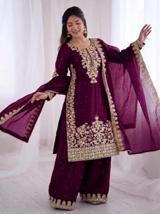 Nouvel ensemble haut en soie, pantalon palazzo et dupatta, avec broderie lourde et travail de sequins, entièrement cousu, prêt-à-porter - Product Image 5